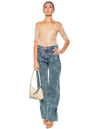 Sequin Embroidered Lace Off Shoulder Top