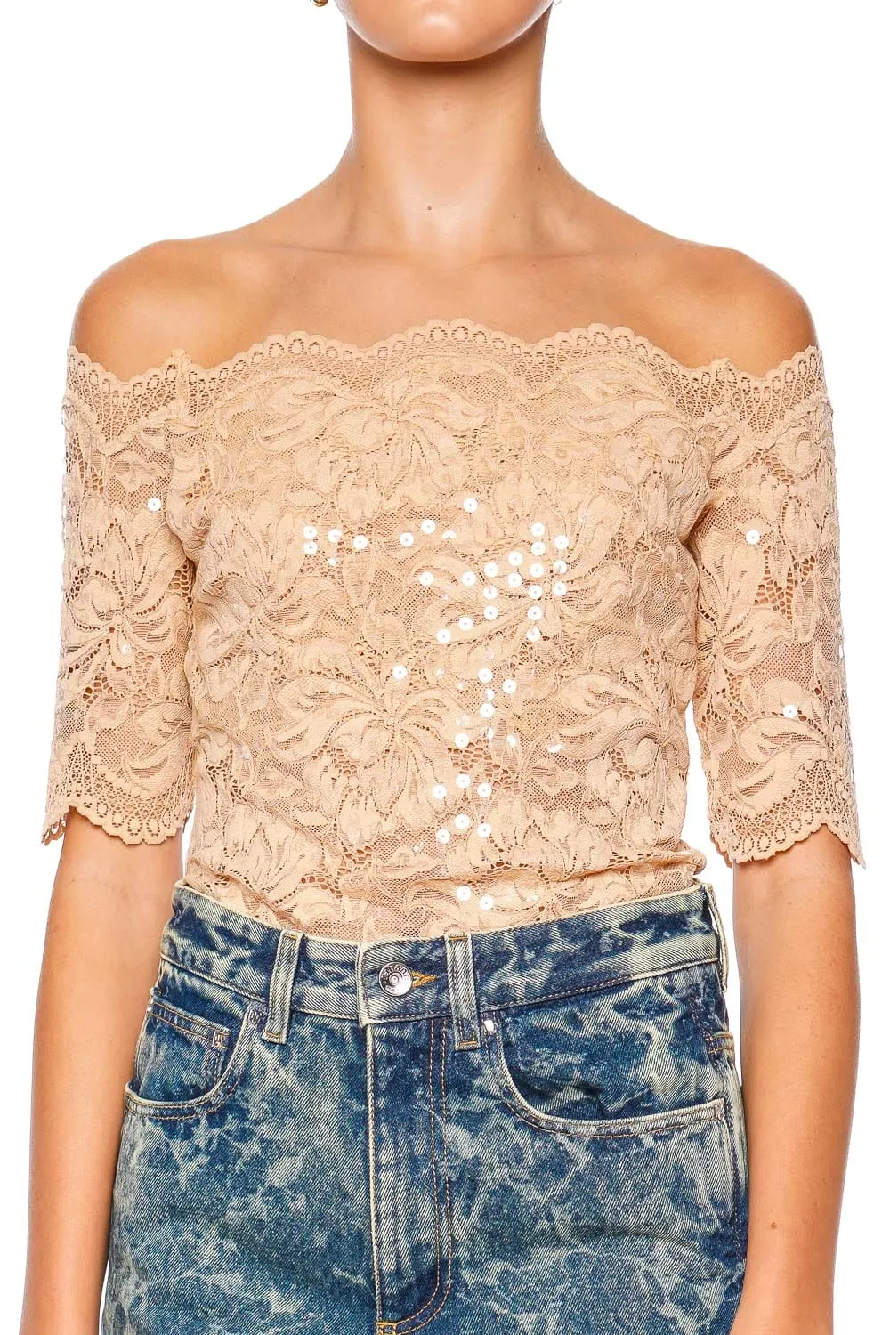 Sequin Embroidered Lace Off Shoulder Top