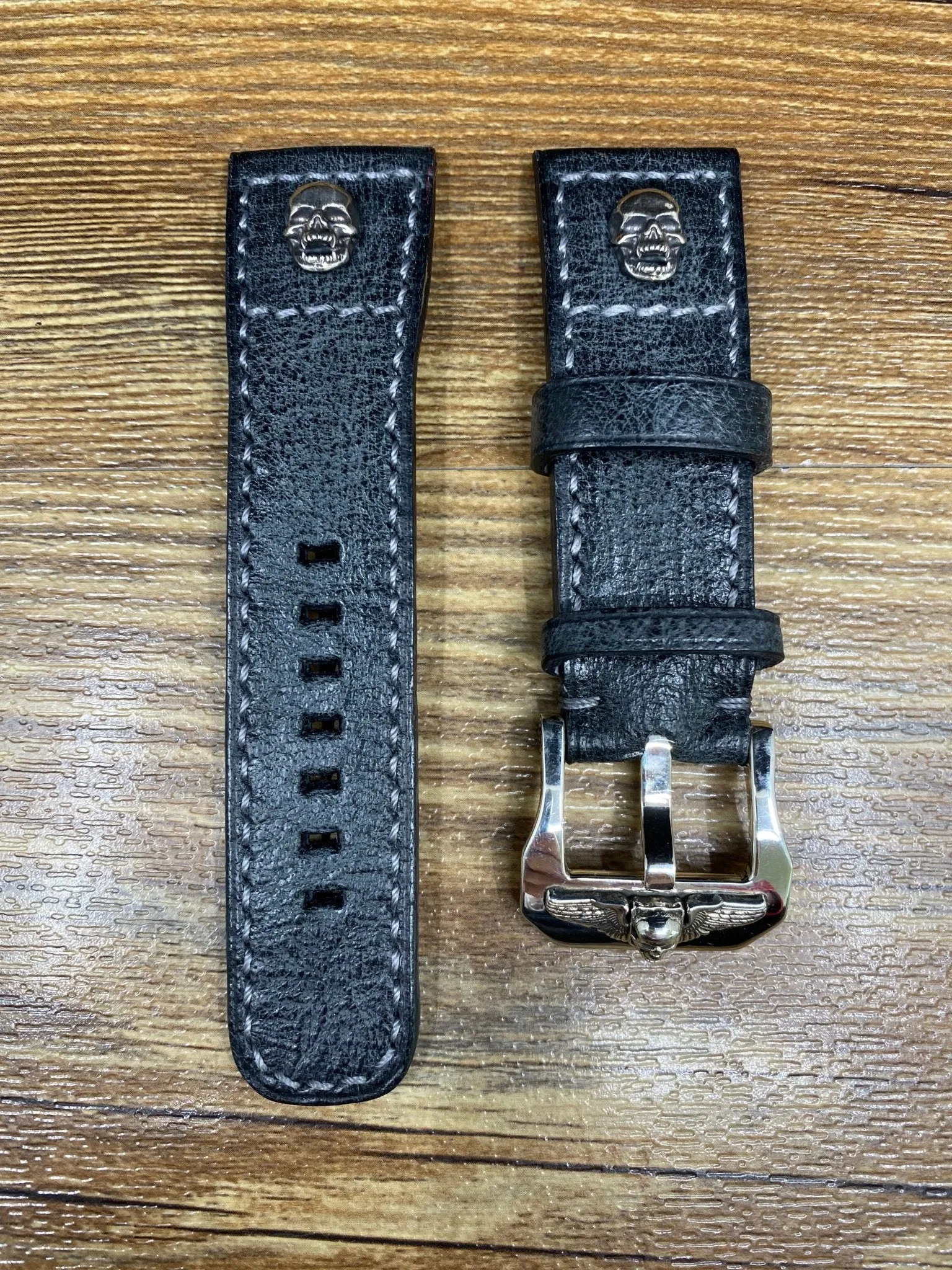 Seven Friday watch straps, SevenFriday watch Band, Leather Watch Straps 28mm, Distress Black Leather Mens Wrist Watch Band Replacement, Valentines Day Gift Ideas, Sterling Silver 925 Skull Head
