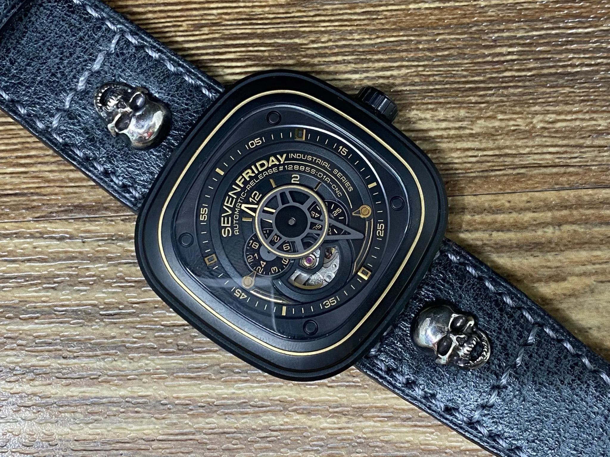 Seven Friday watch straps, SevenFriday watch Band, Leather Watch Straps 28mm, Distress Black Leather Mens Wrist Watch Band Replacement, Valentines Day Gift Ideas, Sterling Silver 925 Skull Head