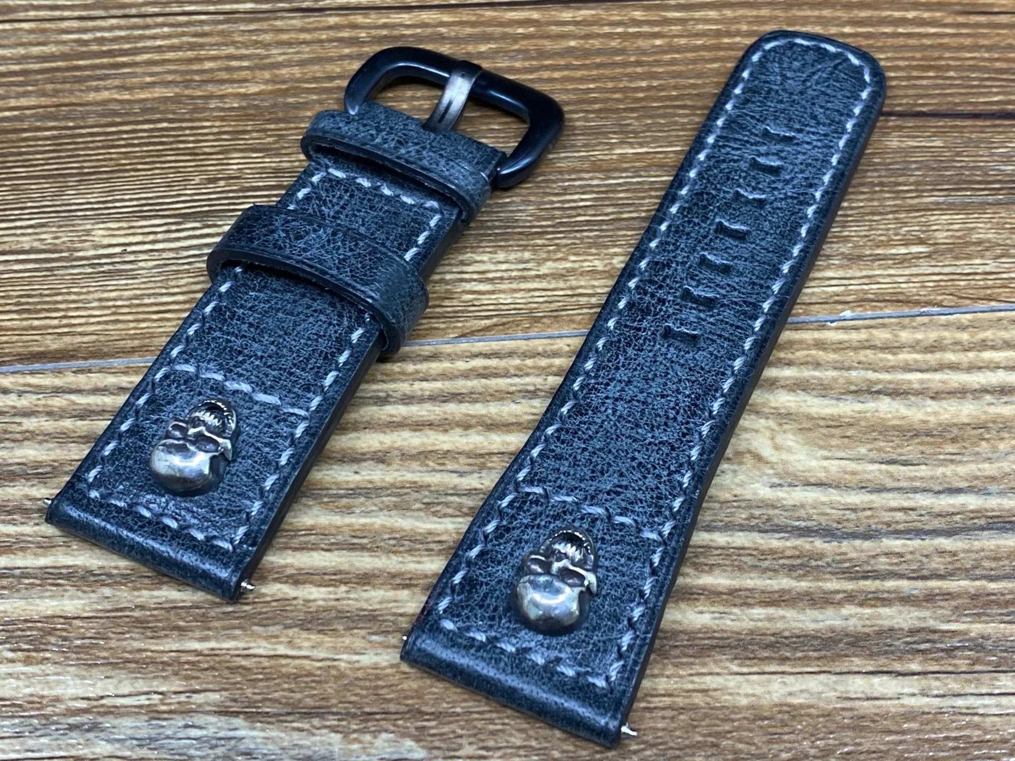 Seven Friday watch straps, SevenFriday watch Band, Leather Watch Straps 28mm, Distress Black Leather Mens Wrist Watch Band Replacement, Valentines Day Gift Ideas, Sterling Silver 925 Skull Head