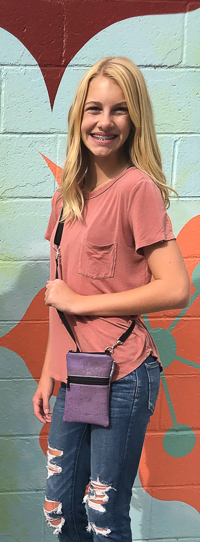 Short Zip Phone Bag - Wristlet Converts to Cross Body Purse - Navy Daisy Chain Fabric