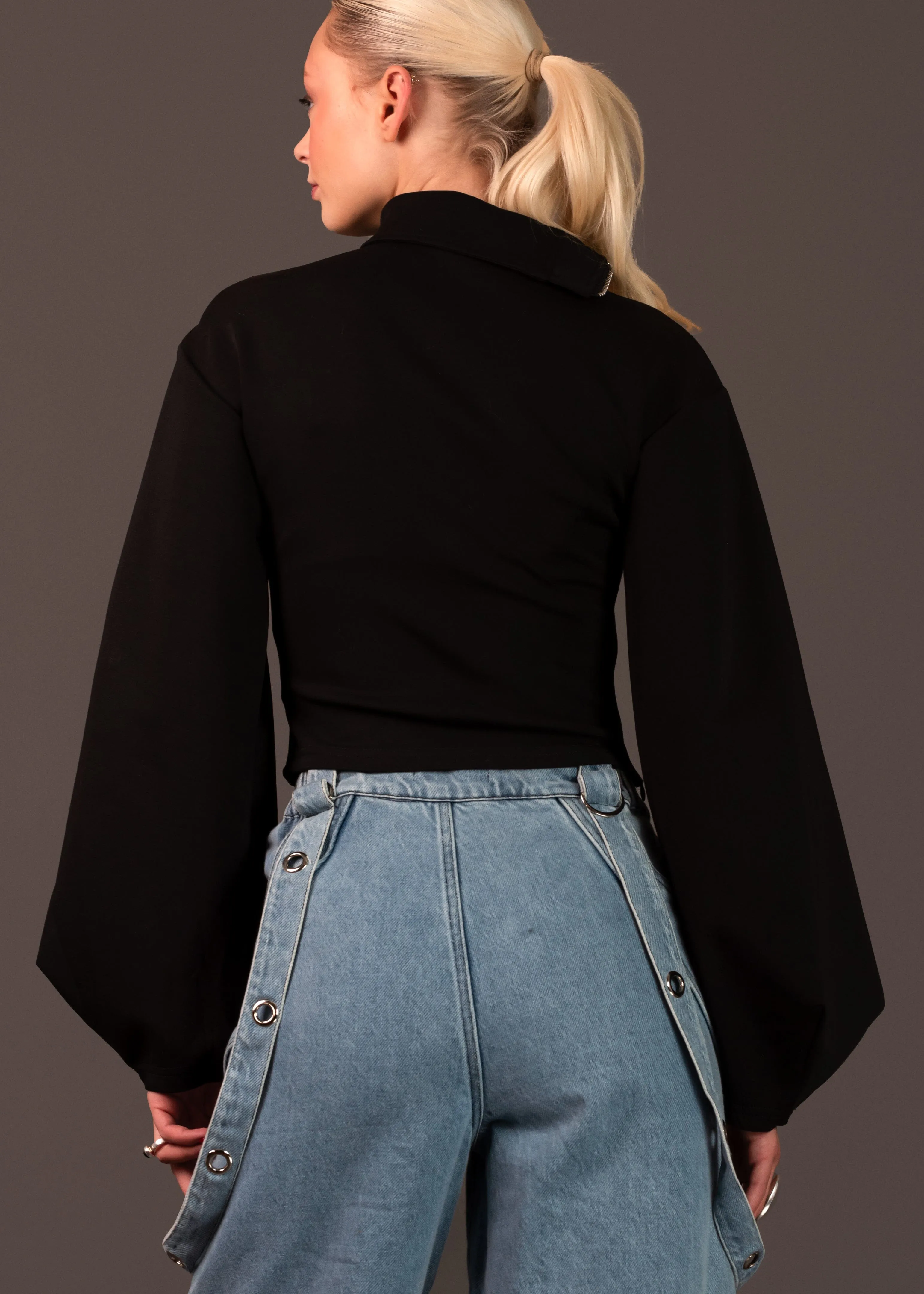 Shoulder Zip Balloon Sleeve Top