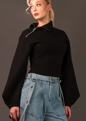 Shoulder Zip Balloon Sleeve Top