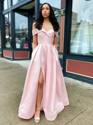 Simple Off Shoulder Pink Long Prom with Slit, Off Shoulder Pink Formal, Pink Evening