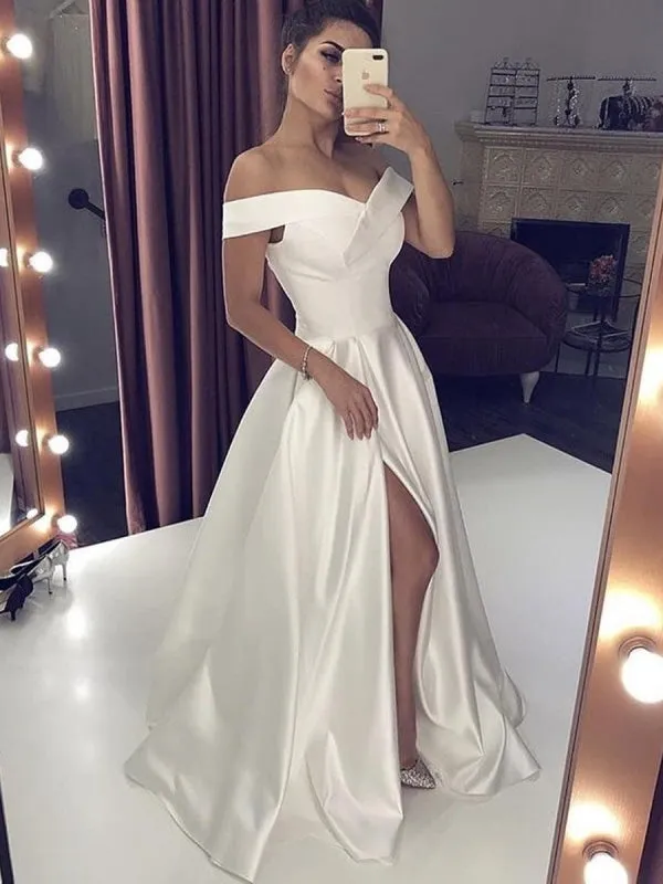 Simple Off Shoulder White Satin Long Prom with Slit, Off Shoulder White Formal, White Evening