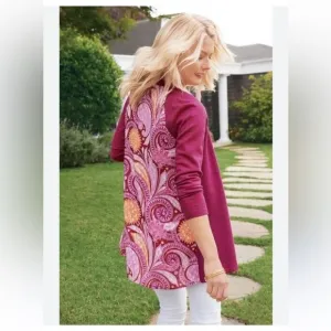 Soft Surroundings Knit Open Front Paisley Patterned Back Raspberry Pink Cardigan