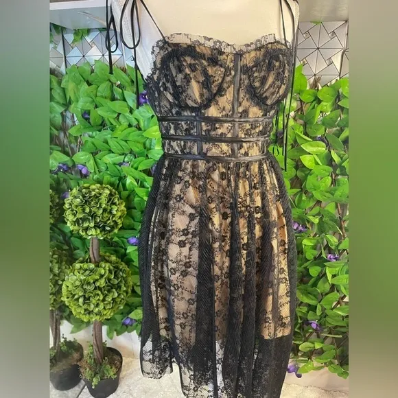 Steve Madden Black Lace Hi-Low Midi Dress with Nude Lining XS NWT Retail $129