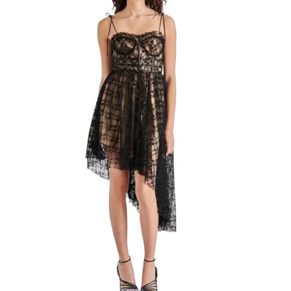 Steve Madden Black Lace Hi-Low Midi Dress with Nude Lining XS NWT Retail $129