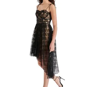 Steve Madden Black Lace Hi-Low Midi Dress with Nude Lining XS NWT Retail $129