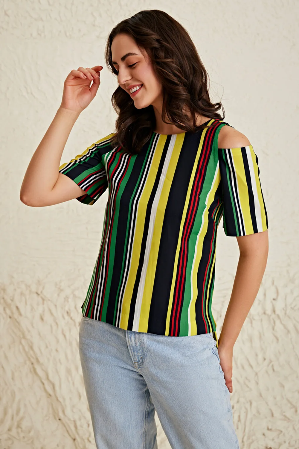 Stripe Cold Shoulder Top