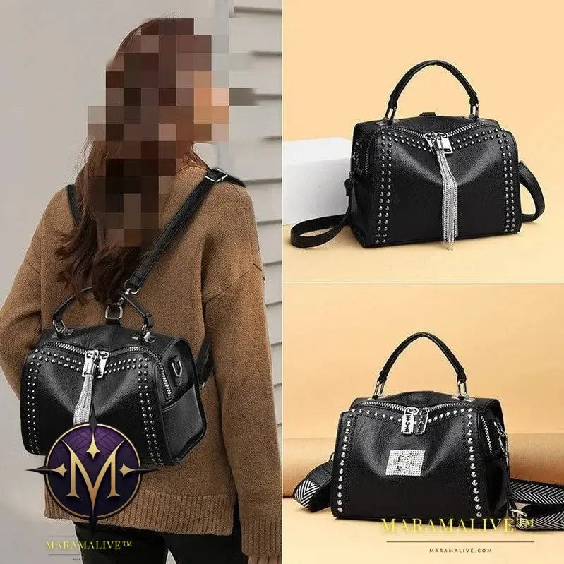 Studded Pillow Bag Soft Leather Retro One-shoulder Diagonal Bag All-match Tassel Handbag Multi-purpose Ladies Backpack