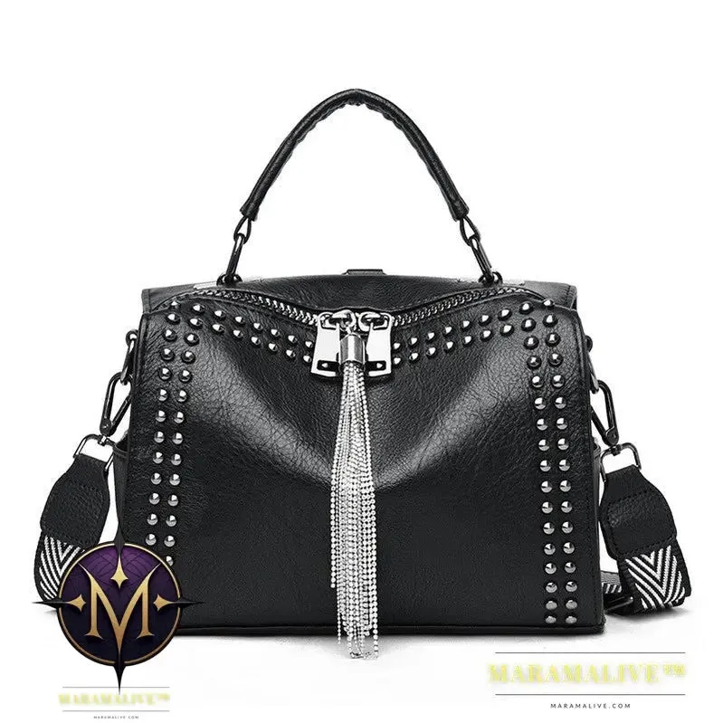 Studded Pillow Bag Soft Leather Retro One-shoulder Diagonal Bag All-match Tassel Handbag Multi-purpose Ladies Backpack