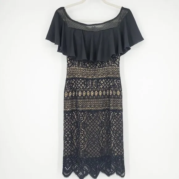 Tadashi Shoji Alexia Black Lace Off-Shoulder Cocktail/Evening Dress 00