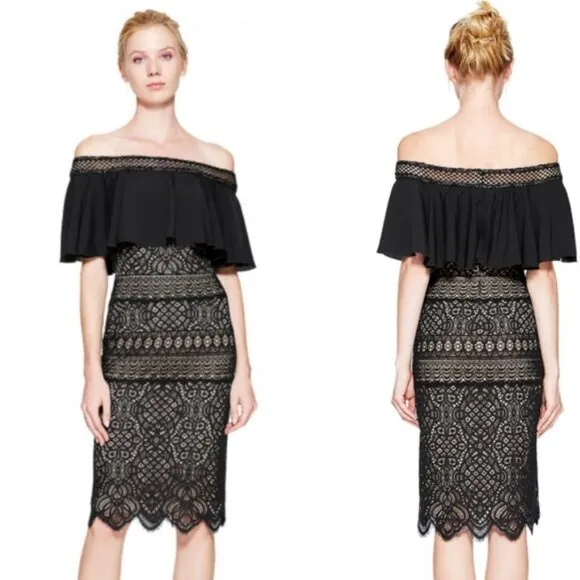 Tadashi Shoji Alexia Black Lace Off-Shoulder Cocktail/Evening Dress 00