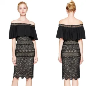 Tadashi Shoji Alexia Black Lace Off-Shoulder Cocktail/Evening Dress 00