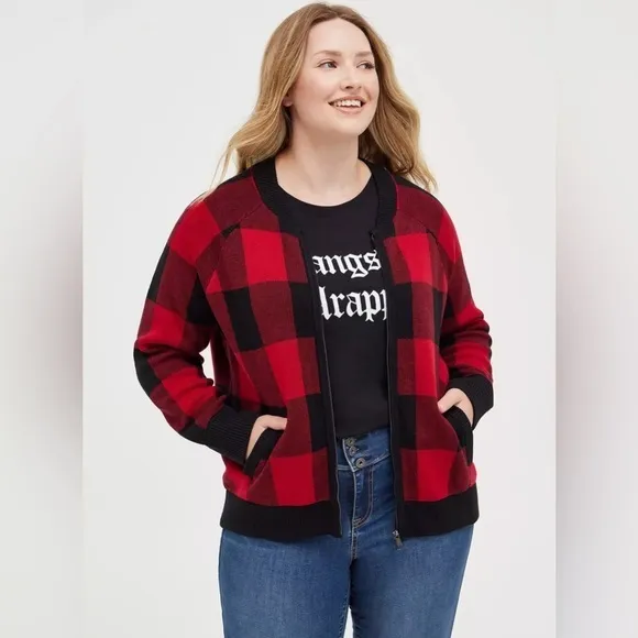 Torrid Red Black Buffalo Plaid Zip Up Cardigan Bomber Sweater Jacket size 2X 20