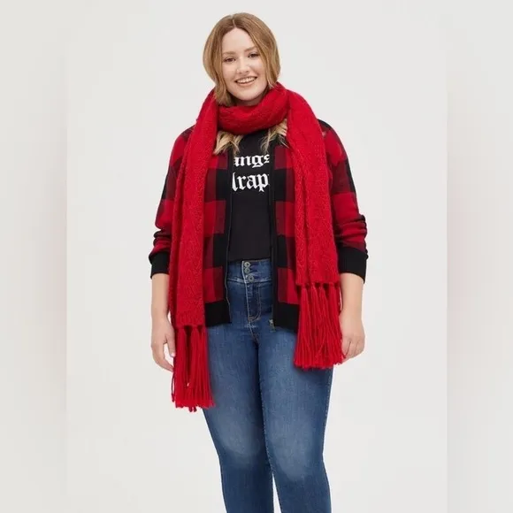 Torrid Red Black Buffalo Plaid Zip Up Cardigan Bomber Sweater Jacket size 2X 20