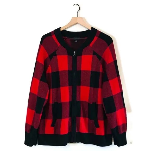 Torrid Red Black Buffalo Plaid Zip Up Cardigan Bomber Sweater Jacket size 2X 20