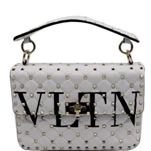 VALENTINO Medium Rockstud Spike Quilted Leather Tote Crossbody Bag White