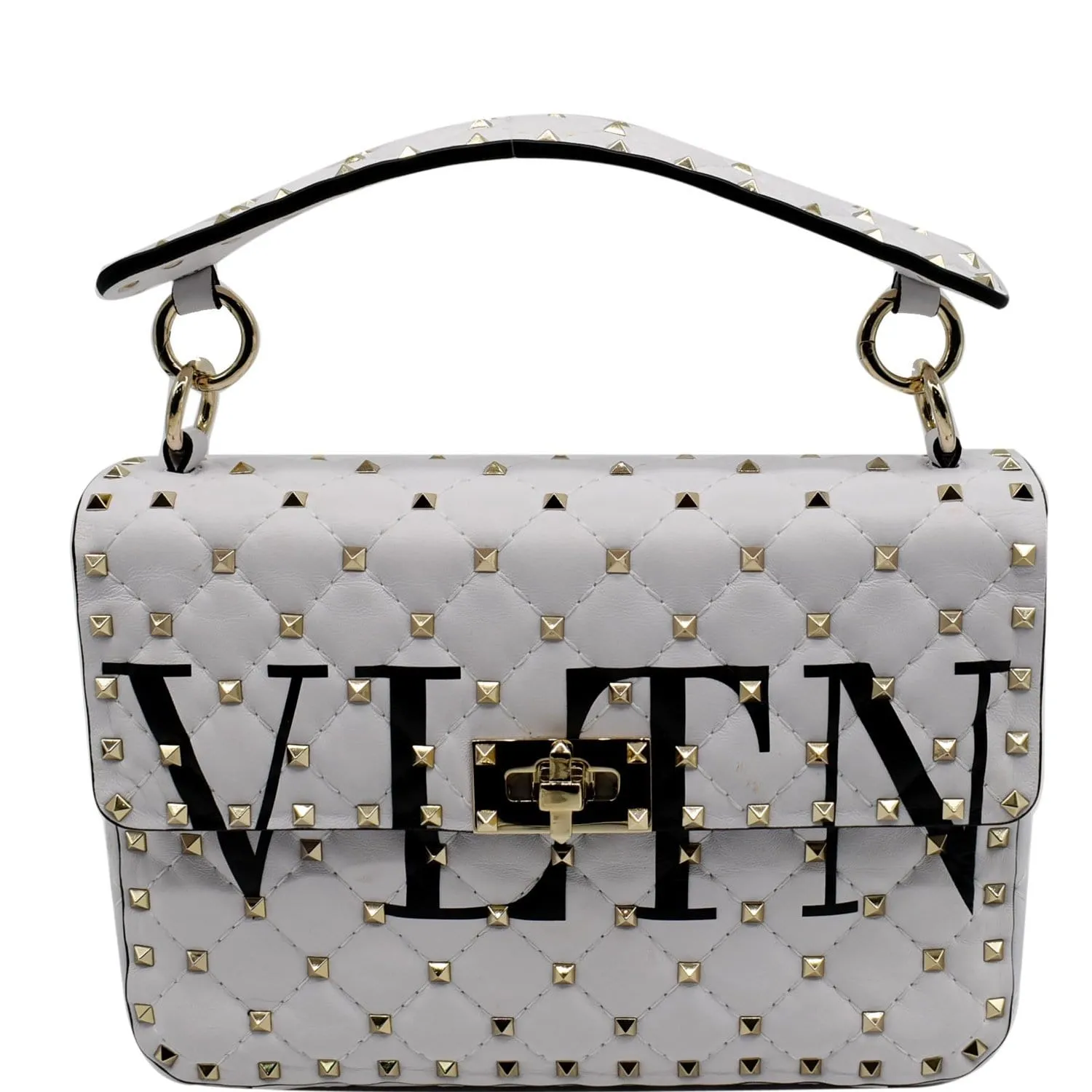 VALENTINO Medium Rockstud Spike Quilted Leather Tote Crossbody Bag White