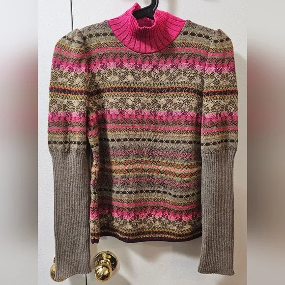 Vintage Oilily Patterned Knit Ribbed Turtleneck Sweater Women's Size XS Italy
