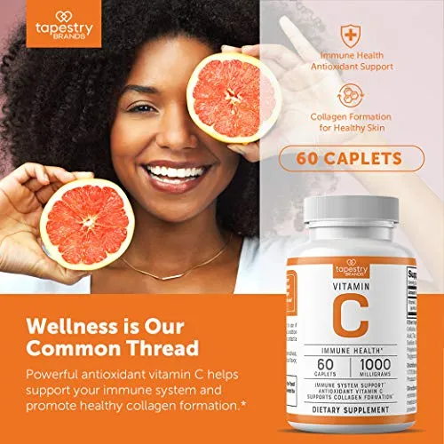 Vitamin C 1000 mg - Support Immune System, Antioxidant Support, Collagen Formation for Healthy Skin. Vegetarian Friendly, Non-GMO, Gluten Free, Sugar Free. 60 Count Tablets, by Tapestry Brands