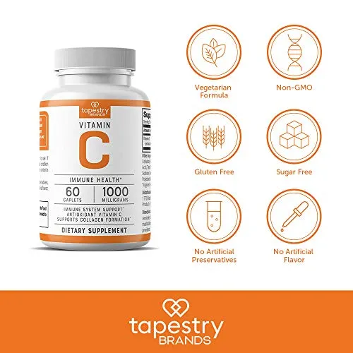 Vitamin C 1000 mg - Support Immune System, Antioxidant Support, Collagen Formation for Healthy Skin. Vegetarian Friendly, Non-GMO, Gluten Free, Sugar Free. 60 Count Tablets, by Tapestry Brands