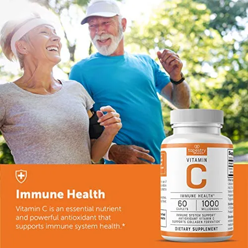 Vitamin C 1000 mg - Support Immune System, Antioxidant Support, Collagen Formation for Healthy Skin. Vegetarian Friendly, Non-GMO, Gluten Free, Sugar Free. 60 Count Tablets, by Tapestry Brands