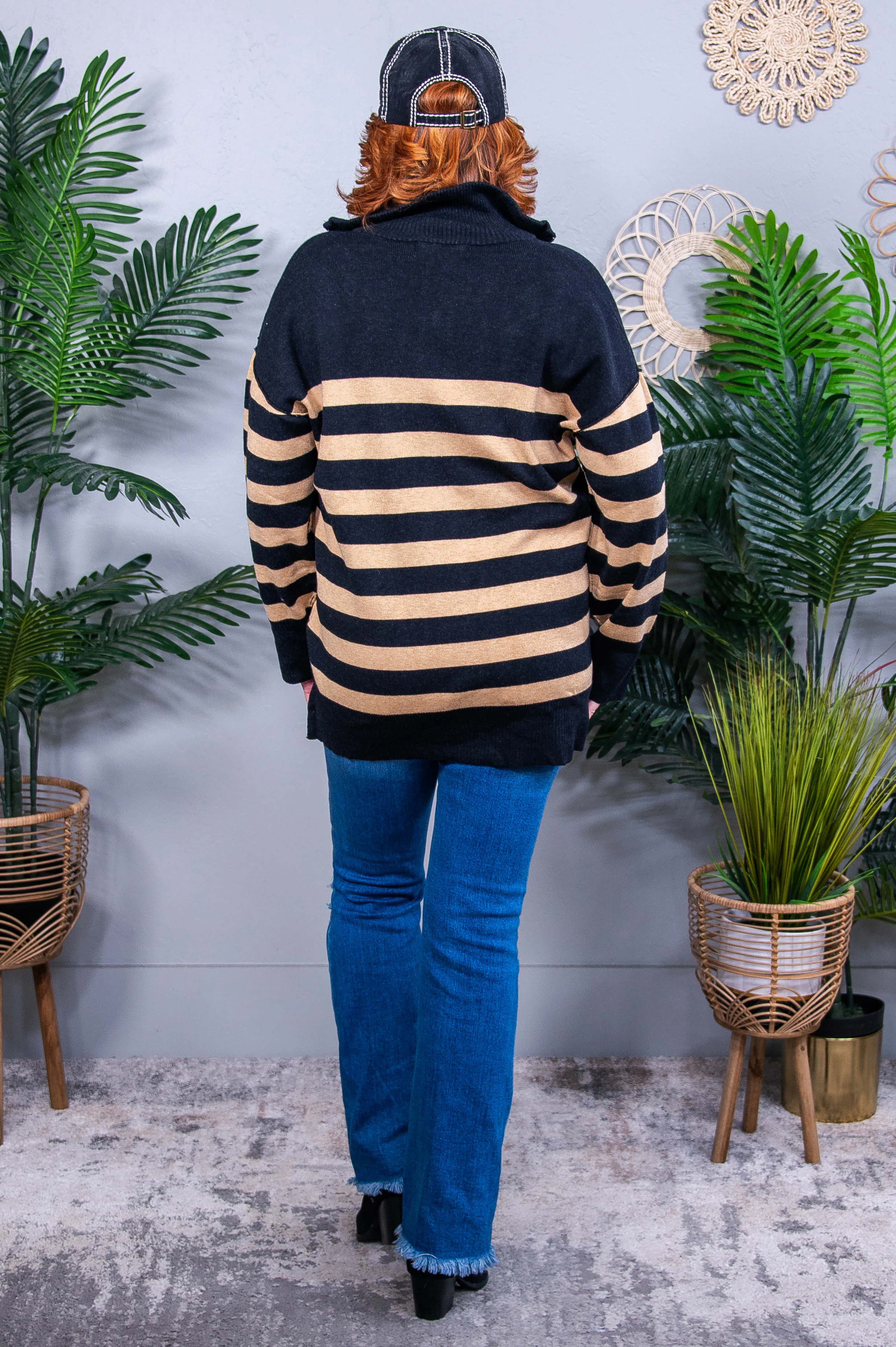 Well Situated Striped Black/Tan Quater Zip Sweater Top - T10897BK