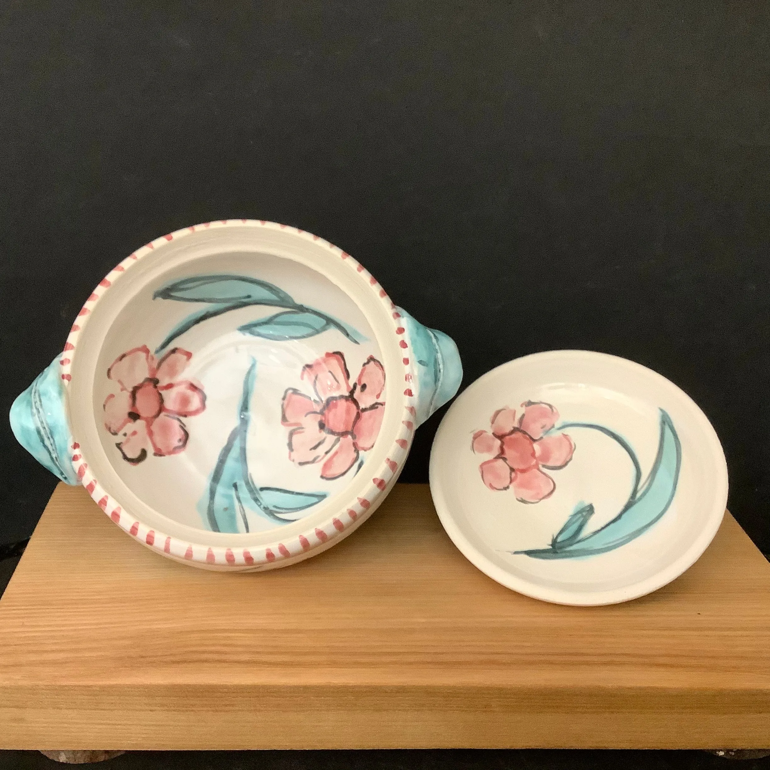 White Covered Dish with Pink Flowers
