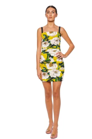 Yellow Gardenia Ruched Mini Dress