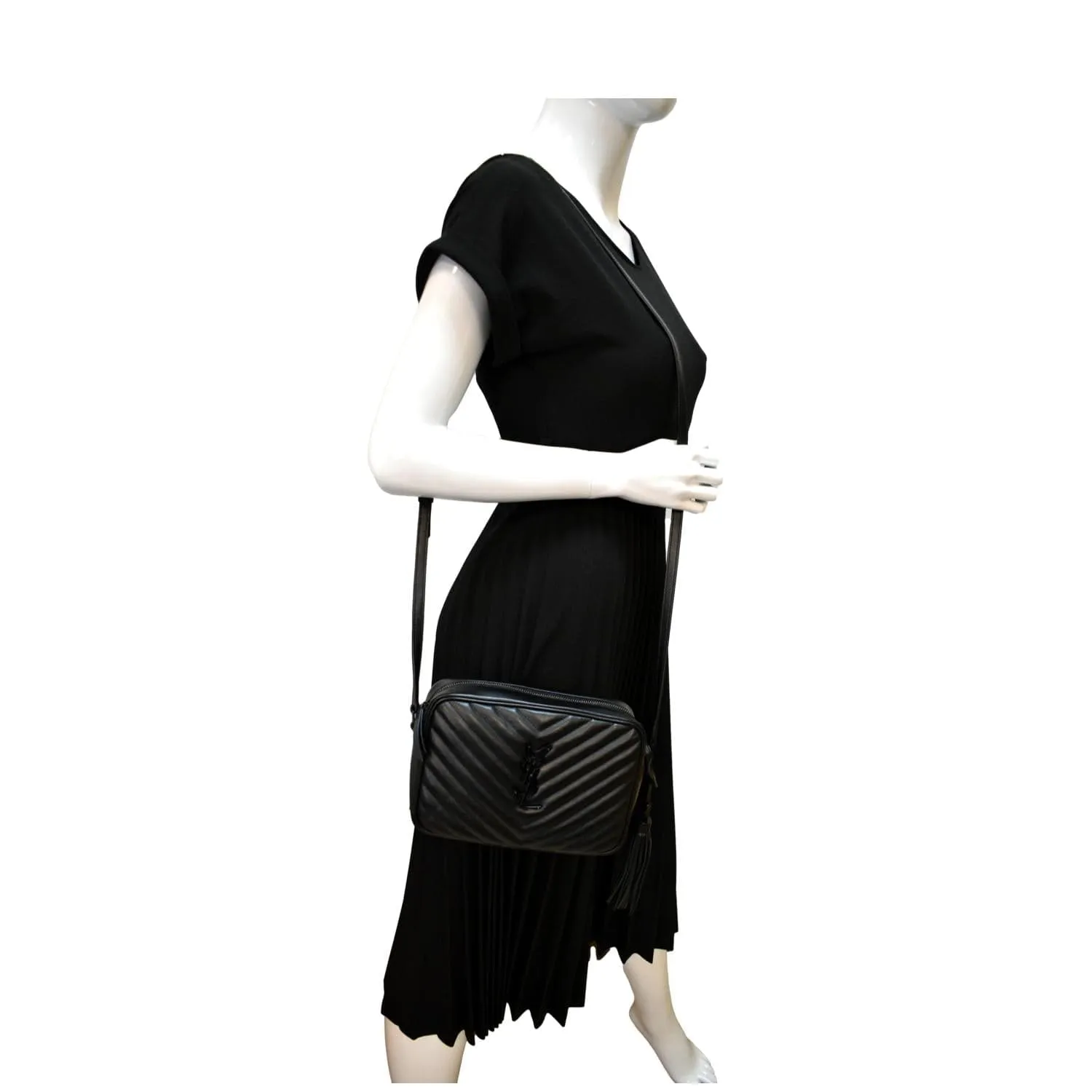 YVES SAINT LAURENT Lou Chevron Leather Camera Crossbody Bag Black