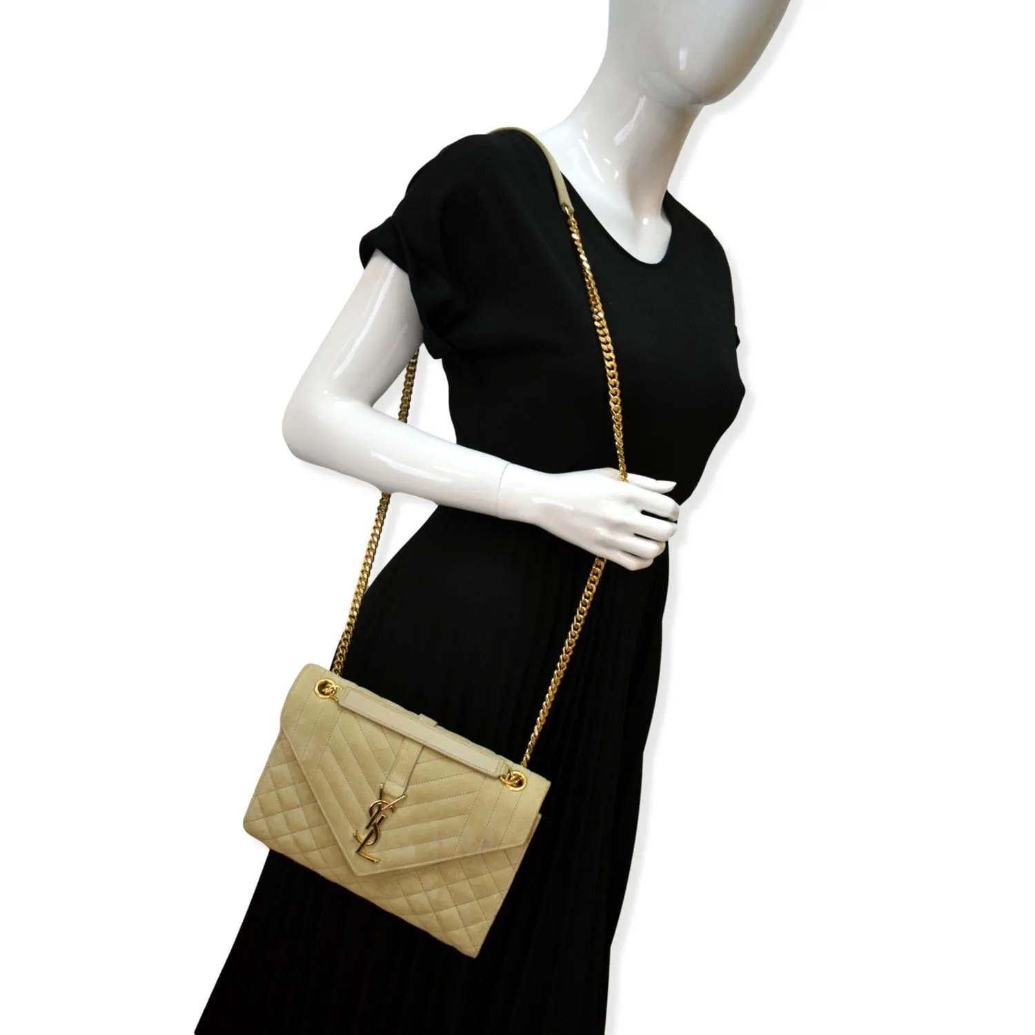 YVES SAINT LAURENT Medium Envelope Matelasse Suede Crossbody Bag Beige