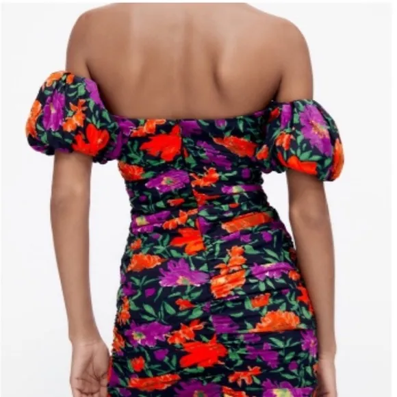 ZARA Floral Off the Shoulder Puff Sleeve Mini Ruched Dress