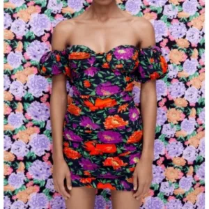 ZARA Floral Off the Shoulder Puff Sleeve Mini Ruched Dress