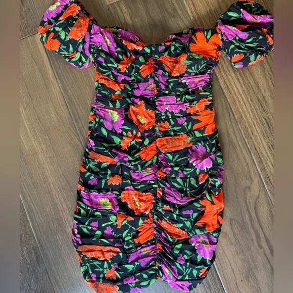 ZARA Floral Off the Shoulder Puff Sleeve Mini Ruched Dress